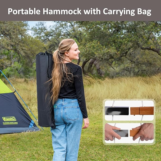 SUNCREAT Hammocks Portable Hammock with Frame Backyard Double Hammock with Curved Spreader Bar Brown