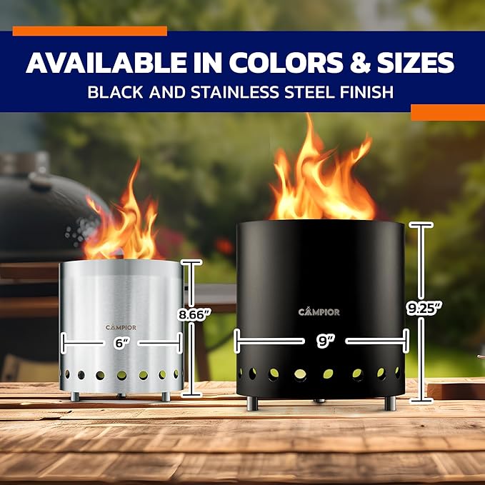 CAMPIOR Wood Burning Fire Pit Stove - Smokeless Outdoor Stove for Wood Fires Camping Cooking and Garden Gatherings Durable Stainless Steel with Removable Ash Pan with Stand and Black Carry Bag