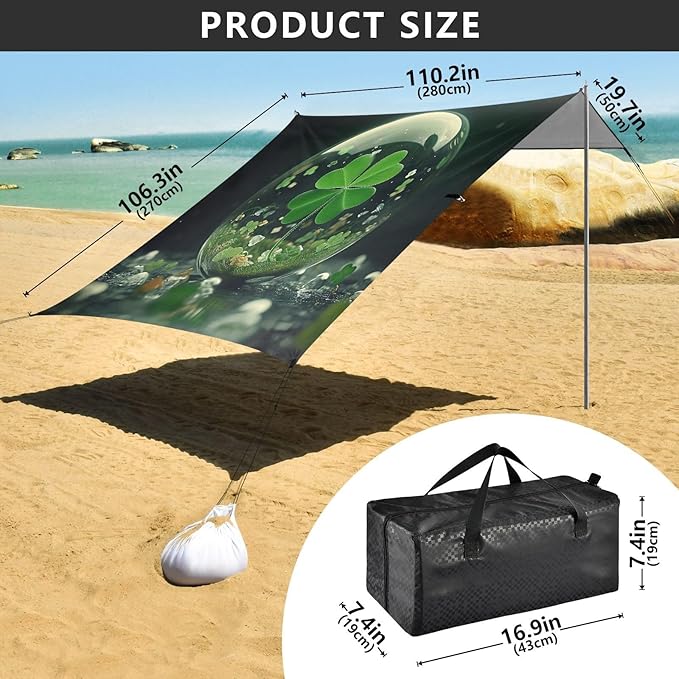 St Patrick's Shamrocks Pattern Beach Tent Sun Shelter Set UPF50+ UV Protection 10.5 x 9.19 FT Camping Shade Canopy with Sandbags Sand Anchors Carrying Bag and Others