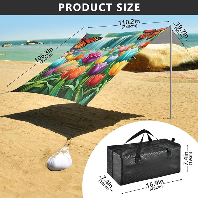 Beach Canopy with Windproof Ropes &amp Sandbags Beach Tent Sun Shade Sun Shelter for Camping Trips Fishing Backyard Fun or Picnics Flowers