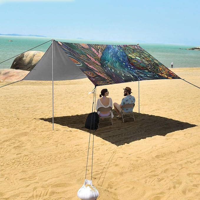 ALAZA Bohemian Peacock Beach Tent Sun Shelter Portable Canopy Sunshade for Outdoor Camping Picnics Backyard Fun 10x9 ft