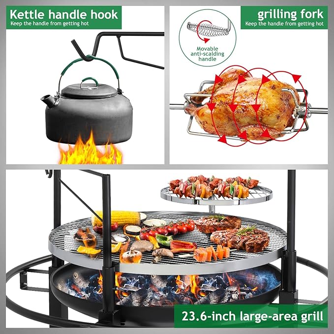 ROVSUN 33'' Outdoor Fire Pit with 2 Grills Wood Burning Round Firepit with Swivel Cooking Grate Removable Swivel Grill for Backyard Patio Picnic BBQ and Parties