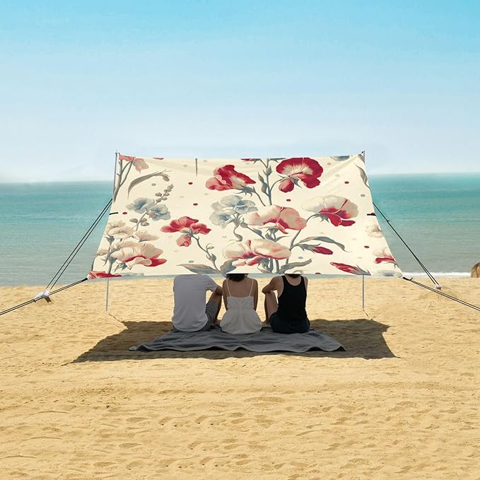 Sweet Pea Flowers Beach Tent Sun Shelter Set UPF50+ UV Protection 10.5 x 9.19 FT Camping Shade Canopy with Sandbags Sand Anchors Carrying Bag and Others