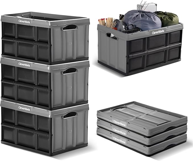 CleverMade Collapsible Storage Bins 62L (3-Pack) – Heavy Duty Collapsible Plastic Storage Bins Large Stackable Folding Storage Bins for Garage Car Grocery &amp Home Organization - Ocean