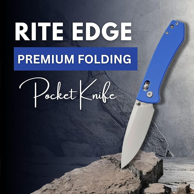 Rite Edge 4.25 Folding Pocket Knife with Blue G10 Handle – Razor Sharp 8Cr13 Stainless Steel Blade Rolling Lock (RLS) EDC Folding Knife for Men &amp Women Camping Hiking Fishing Outdoor &amp E