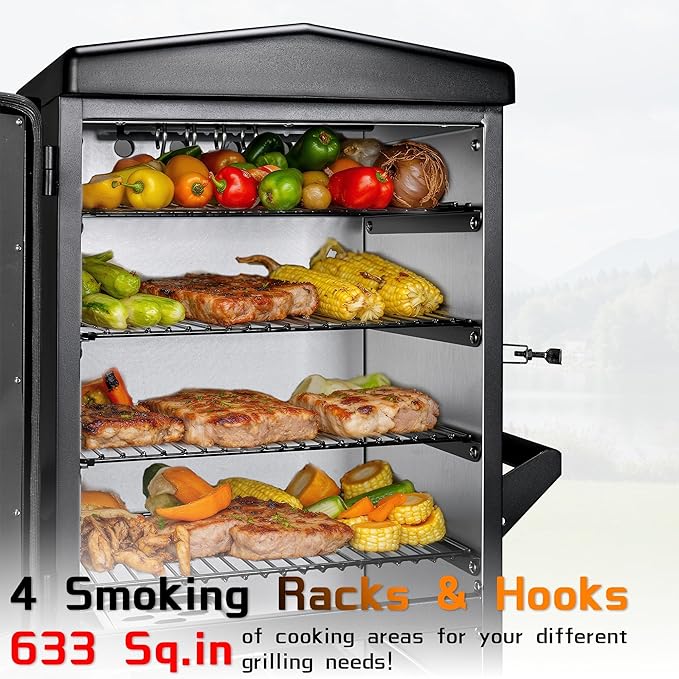 Large Vertical Electric Smoker Grill – 633 sq in | 4-Rack BBQ Smoker with Built-in Meat Probe Wood Chip Loader &ampWeather-Resistant Cover – Perfect for Steak Fish Ribs (Black)