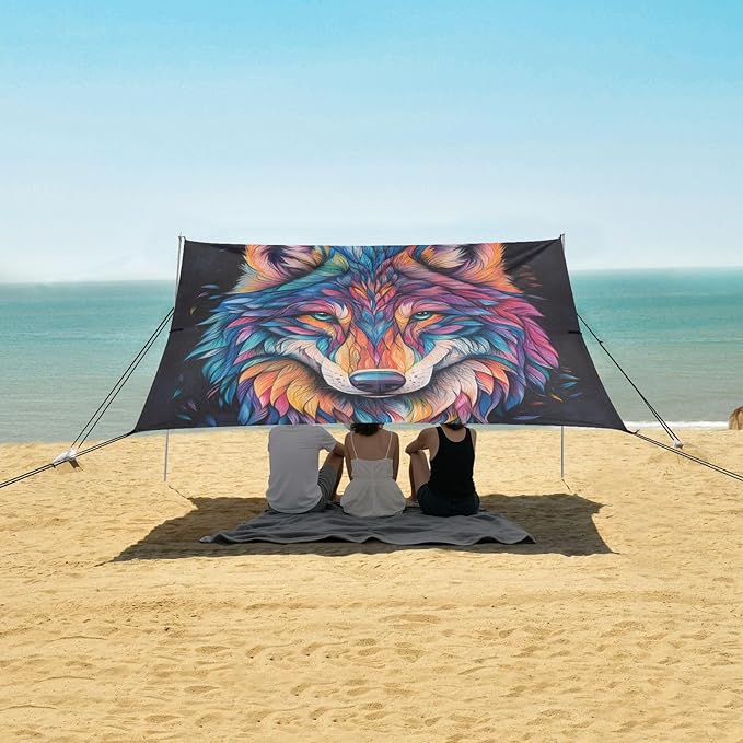 ALAZA Colorful Wolf Face Beach Tent Sun Shelter UPF50+ Protection Beach Shade Canopy w/ 4 Sandbags for Outdoor Camping Fishing Backyard Fun Picnic 10x9 ft