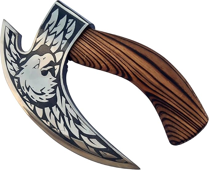 SHINY CRAFTS® Viking Pizza Cutter Axe – Carbon Steel Blade with Black Etching &amp Sheath – Authentic Medieval Gift for Him Norse Style Decorative Axe