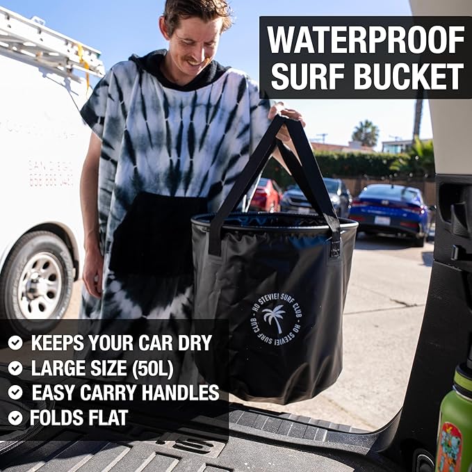 Ho Stevie! Surf Bucket - Keeps Car Dry and Clean - 50L Collapsible Bucket with Easy Carry Handles - For Wet Wetsuits and Sandy Towels