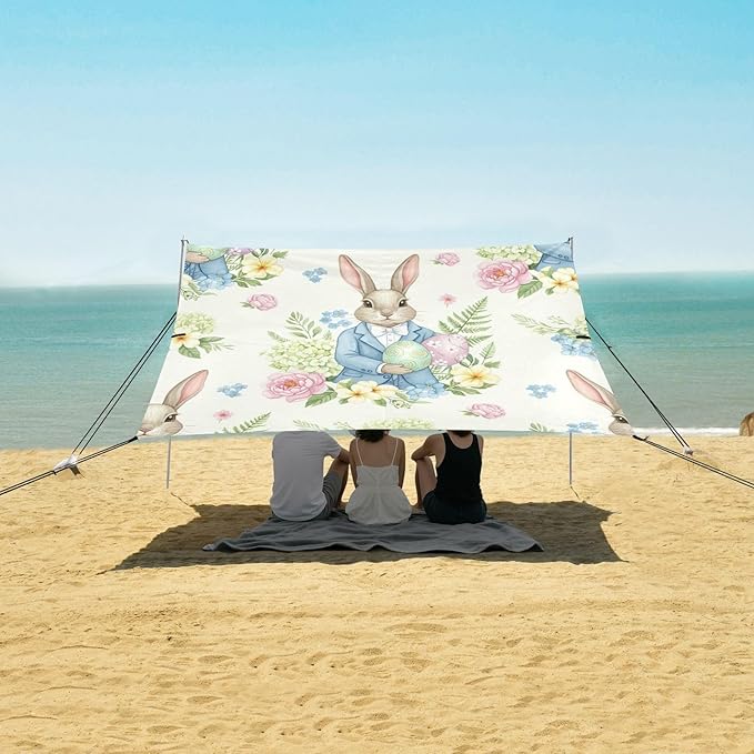xigua Easter Bunny Beach Tent Sun Shelter with Carrying Bag - Silver Coated Oxford Fabric Beach Canopy for Beach Camping Fishing - Includes Windproof Ropes Sandbags &amp Stakes