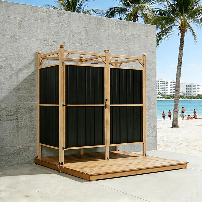 EROMMY Outdoor Shower Enclosure with Lockable Door Weatherproof Outdoor Shower Stall with Metal Panels Hooks &amp Shelves - Perfect for Pool Wash Station Backyard &amp Beach Rinse Area Large Vers