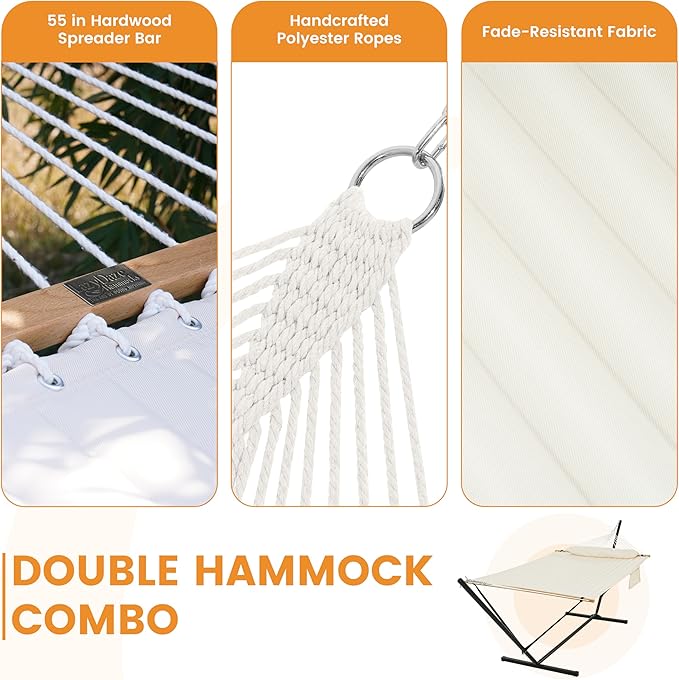 Lazy Daze Hammocks 2 Person Portable Hammock with 12FT Stand for Outside Quilted Double Hammock with Spreader Bar and Detachable Pillow 450lbs Capacity Perfect for Outdoor Patio Natural