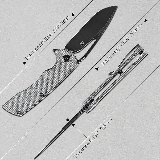 KANSEPT Kryo Pocket Knife 8.08in Folding Knives with 3.58in12C28N Steel Drop Point Blade and Denim Micarta Handle for Outdoor Tactical Survival and EDC T1001M1