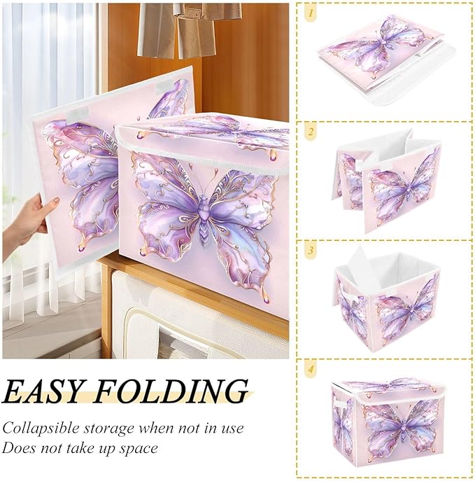 MNSRUU Containers Baskets with Lids Magical Butterfly Foldable Storage Bins Organizer with Lid Collapsible Storage Boxes for Home Bedroom Closet Office