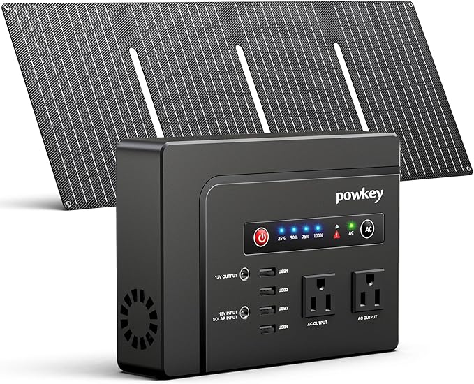 powkey Solar Powered Generator 200W Portable Power Station with Solar Panels 40W 146Wh Power Bank with 2 AC Outlet 110V Pure Sine Wave for Outdoor Camping Emergency Home