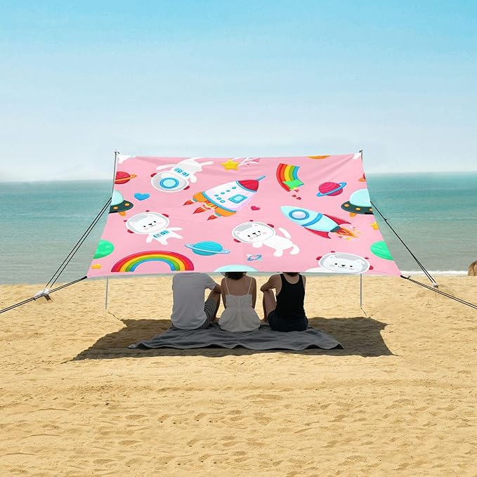 Astronaut Cats Beach Canopy Sun Shelter with Sandbags &amp Sand Shovel &amp Windproof Ropes - Portable 110x126 Beach Shade Beach Tent for Camping Picnics