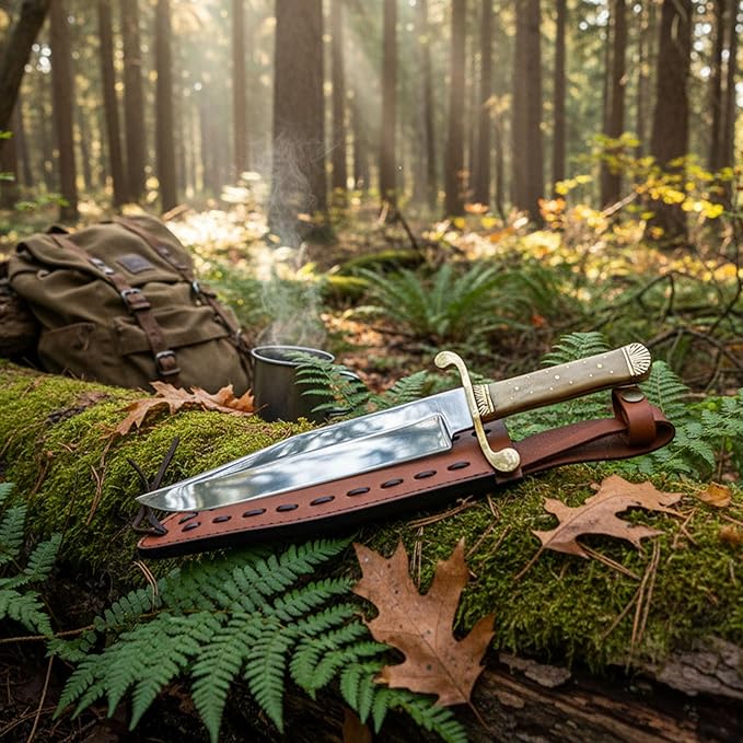 SZCO Classic Bowie Knife 15 Inch - Hunting Knife with Carbon Steel Blade Bone Handle Brass guard and Leather Sheath - Pocket knife for for Hiking Camping &amp Hunting