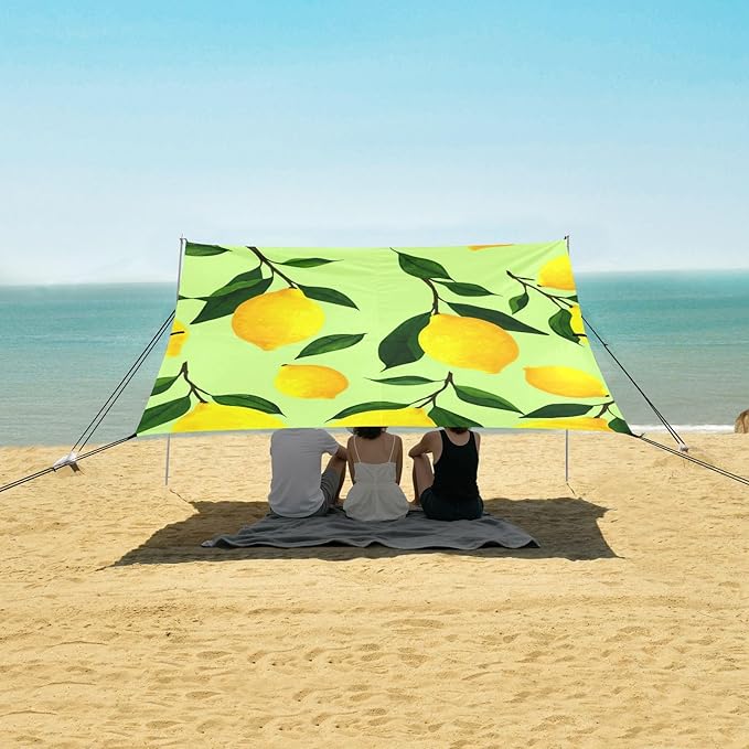 Beach Canopy with Windproof Ropes &amp Sandbags Beach Tent Sun Shade Sun Shelter for Camping Trips Fishing Backyard Fun or Picnics Lemon