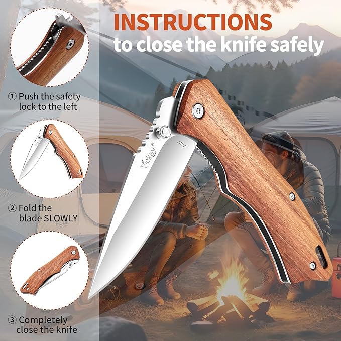 Vickay Pocket Knife for Men 3.4 8Cr13MoV Steel Blade Wood Handle EDC Folding Knife with Liner Lock for Outdoor Camping Tactical Hunting Hiking Survival - Father’s Day Gift