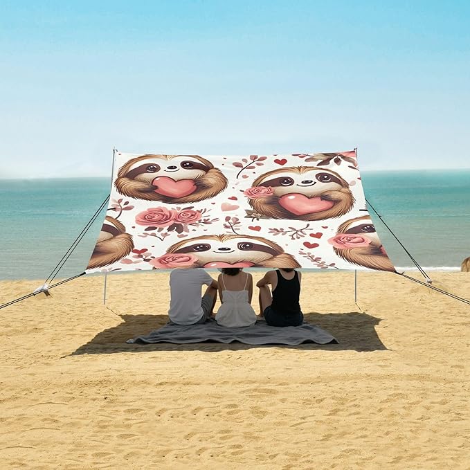 ALAZA Sloth Love Rose Pattern Beach Tent Sun Shelter Portable Canopy Sunshade for Outdoor Camping Picnics Backyard Fun 10x9 ft