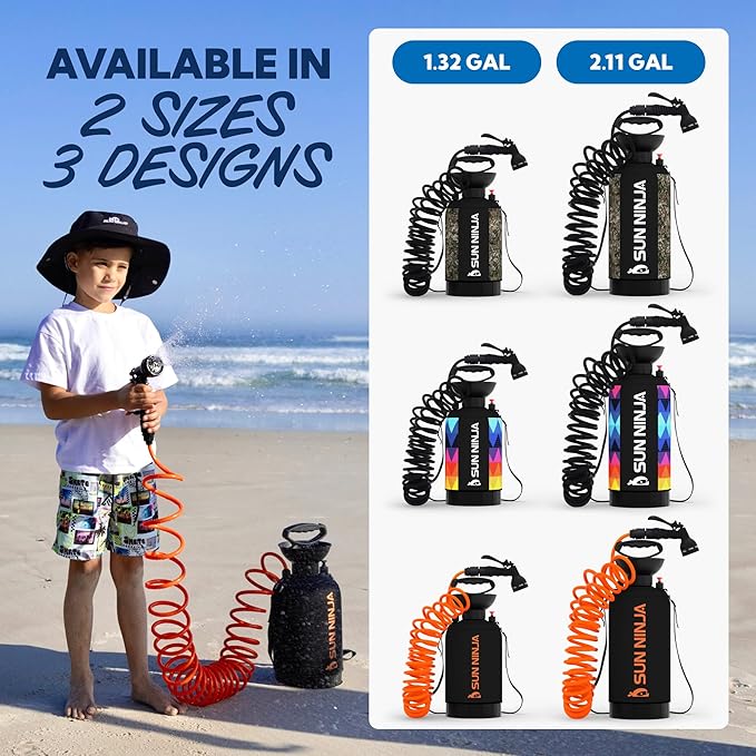SUN NINJA Portable Shower Camping Shower with 7 Mode Shower Head Neoprene Cover Helps Keep Water Warm High Pressure Hose Easy to Carry
