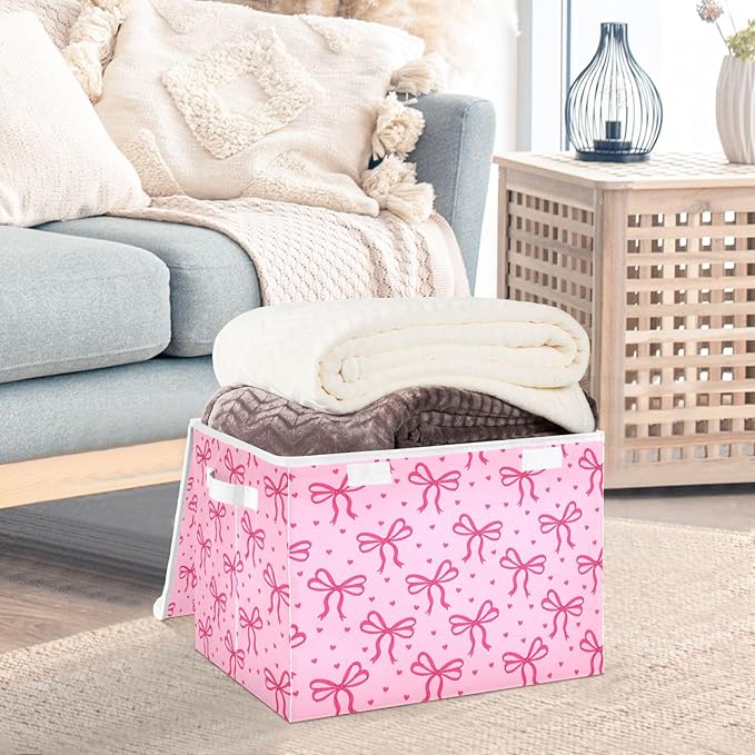 Storage Box Bows Closet Storage Bins with Lids Foldable Oxford Fabric Storage Box for Home Bedroom Closet Office (16.5x12.6x11.8 in)