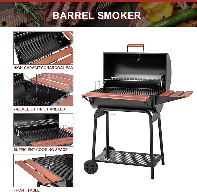 Royal Gourmet CC1830V 30 Barrel Charcoal Grill with Wood-Painted Side Front Table 627 Square Inches Cooking Space for Outdoor Backyard Patio and Parties Black