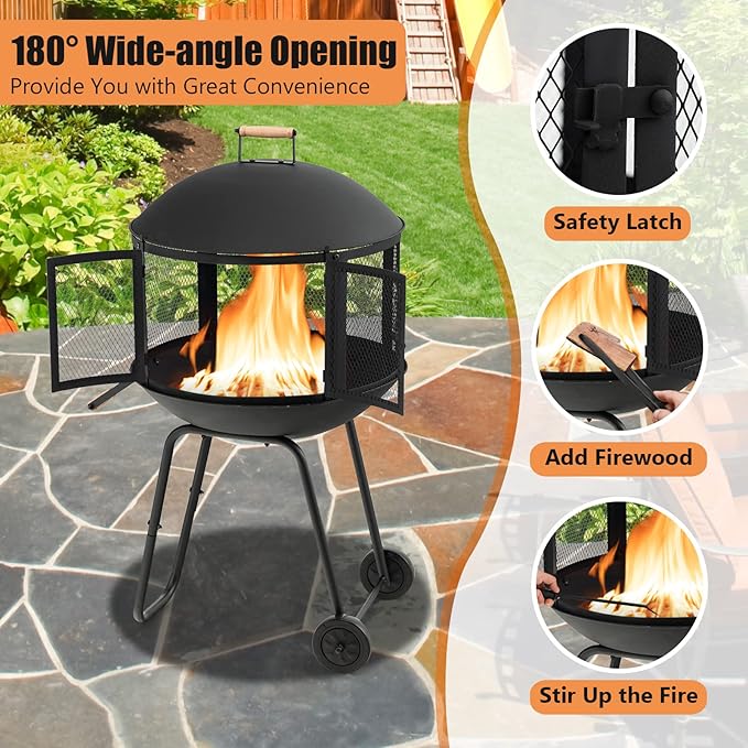 Tangkula Portable Fire Pit with Wheels 28 Inch Wood Burning Fire Pit with Log Grate Poker Rolling Patio Fireplace Wooden Bonfire Firepit for Outdoor Entertaining Black