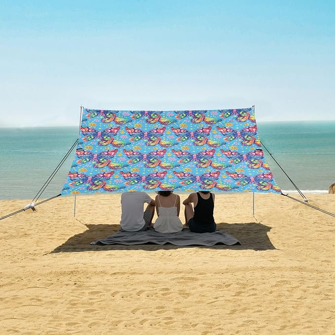 ALAZA Rainbow Butterfly Beach Tent Sun Shelter UPF50+ Protection Beach Shade Canopy w/ 4 Sandbags for Outdoor Camping Fishing Backyard Fun Picnic 10x9 ft
