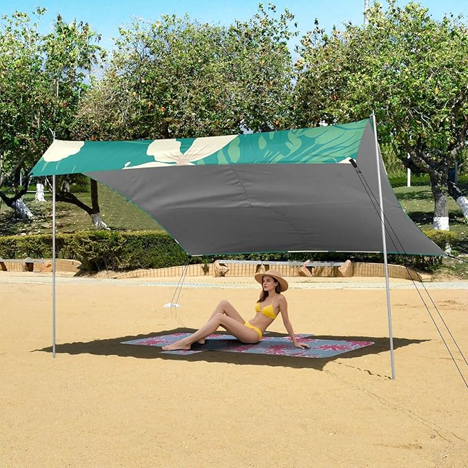 Seamless Pattern Monkey Palm Tropical Hawaiian_2 Beach Canopy UPF50 Waterproof Sun Shelter with Sand Shovel Sandbags for Backyard and Camping