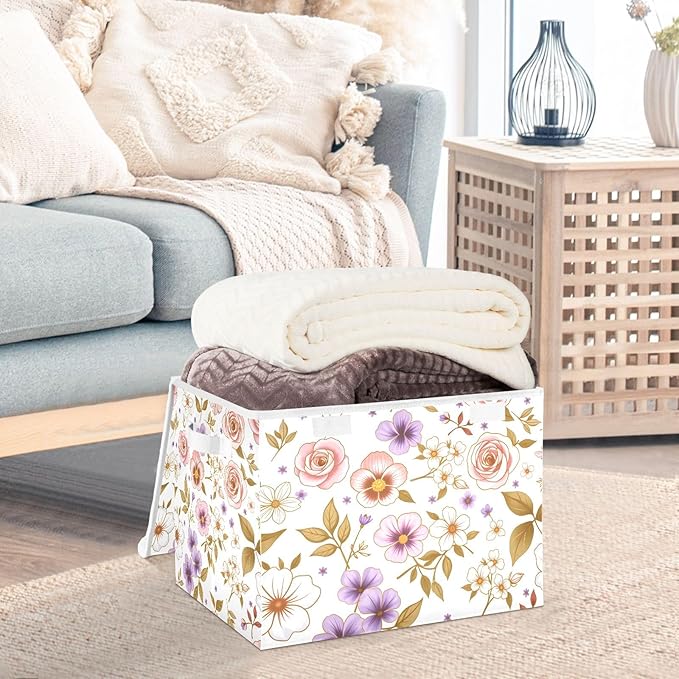 ALAZA Flower Pink 1 Storage Bins Organizer Box Baskets Lidded Clothes for Shelves Closet Collapsible Stackable Storage Cubes Handles
