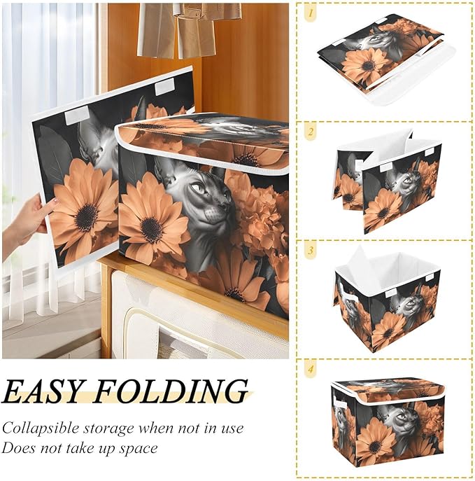 AIXIWAWA Lidded Storage Cube (Sphynx Cat Floral) Fabric Foldable Closet Bins with Flip Lid and Handles Organizer Basket Container 16.5 x 12.6 x 11.8 IN