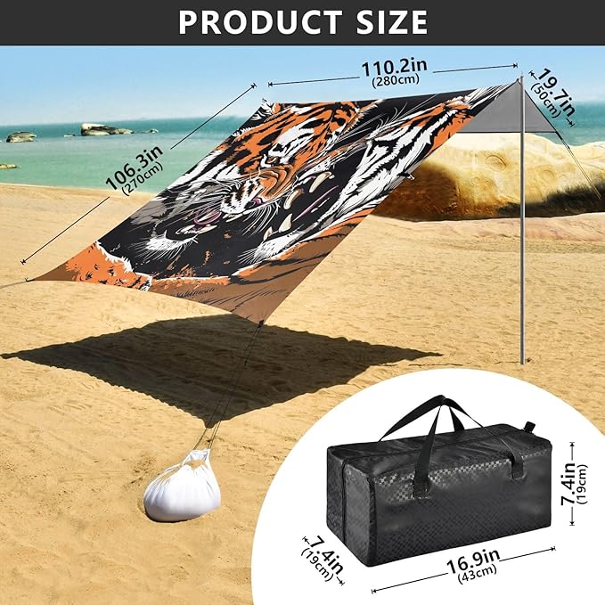ALAZA Howling Tigers Fighting Beach Tent Sun Shelter UPF50+ Protection Beach Shade Canopy w/ 4 Sandbags for Outdoor Camping Fishing Backyard Fun Picnic 10x9 ft