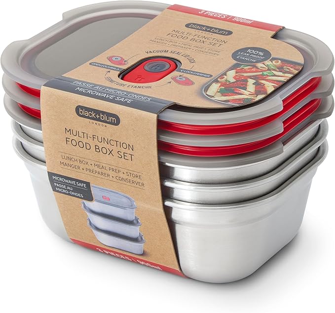BLACK + BLUM Lunch Box Set - Meal Prep Containers Reusable for Picnic &amp Camping - Microwavable Stainless Steel Lunch &amp Dinner Food Storage Box - Leak Proof Lid - Dishwasher &amp Oven Safe - M