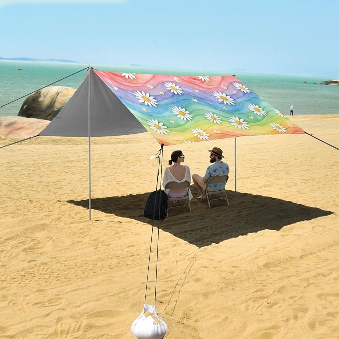 xigua Daisy Beach Tent Sun Shelter with Carrying Bag - Silver Coated Oxford Fabric Beach Canopy for Beach Camping Fishing - Includes Windproof Ropes Sandbags &amp Stakes