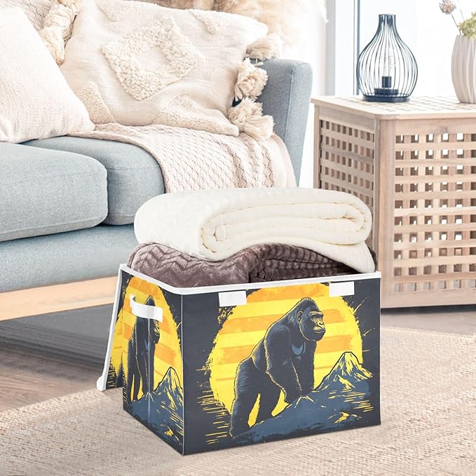 Gorilla Poster Storage Cube Bins Basket with Lid Collapsible Flip-top Fabric with Handle for Home Bedroom Closet Office 16.5×12.6×11.8 in