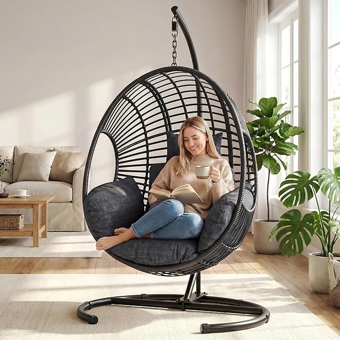 Oversized Hanging Egg Chair Outdoor Indoor Wicker Swing Egg Chair with Stand 400lbs Capacity for Bedroom Patio Garden and Balcony (Black-Regular Oversize)