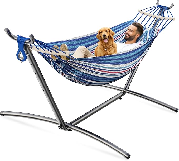Double Hammock Heavy Duty Portable 500 lb Weight Capacity Perfect for Both Indoors and Outdoors 2 Person Hammock with Carrying Bag Fine Blue