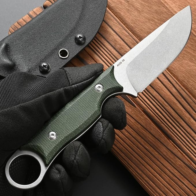 FF103 Fixed Blade KnifeAUS-10 steel Blade Micarta Handle Full Tang Knife for Outdoor Camping Hunting Fishing Working(Green)