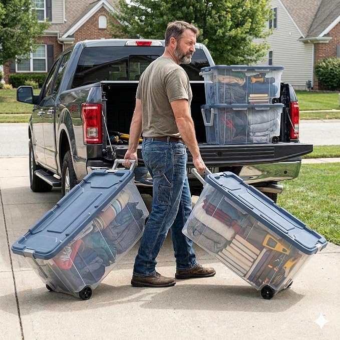 Storage Bins with Wheels 160 Quart 2 Pack Heavy Duty Clear Plastic Totes with Ergonomic Handle Non-Slip Latches Large Stackable Storage Containers for Home &amp Garage (Clear Blue)
