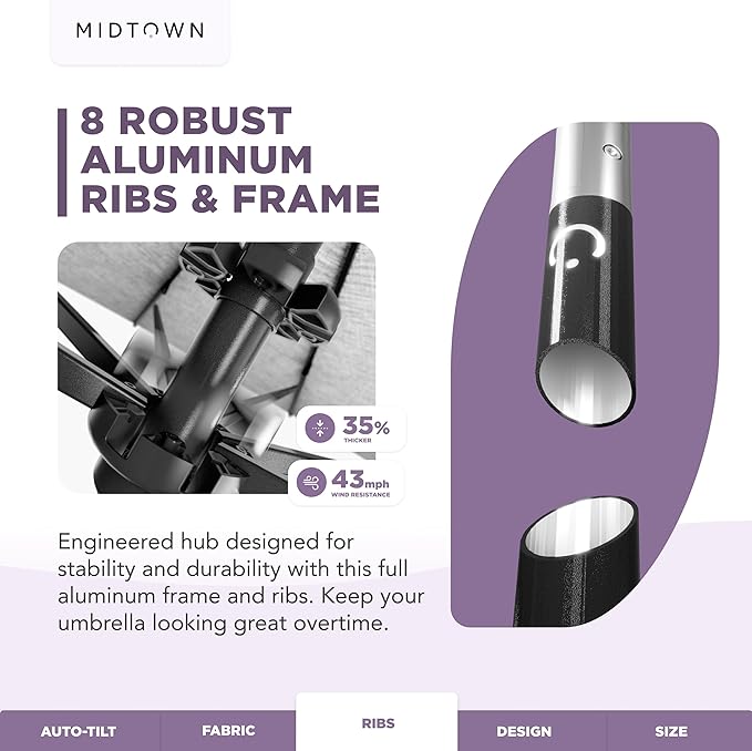 Midtown Umbrellas - 10-Year-No-Fade 6 Ft Patio Umbrella with Terylast Fabric Auto-Tilt Aluminum Frame and 8 Reinforced Ribs for Deck Pool Garden &amp Beach - Grey Canopy Black Pole