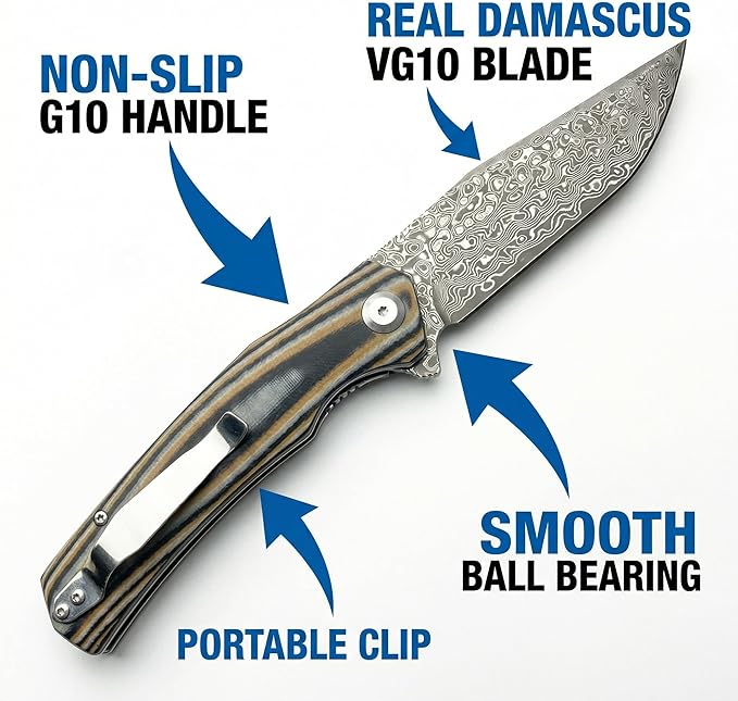 Damascus Steel Folding Pocket Knife 3.74 VG10 Blade for Men and Women Two-Tone G10 Handle EDC Knife with Liner Lock for Outdoor Survival Camping Collection Hunting