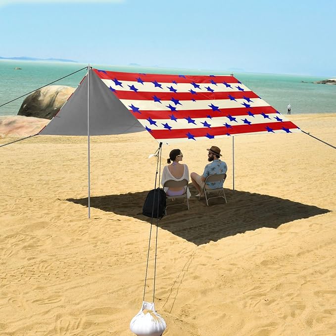 xigua Star Beach Tent Sun Shelter with Carrying Bag - Silver Coated Oxford Fabric Beach Canopy for Beach Camping Fishing - Includes Windproof Ropes Sandbags &amp Stakes