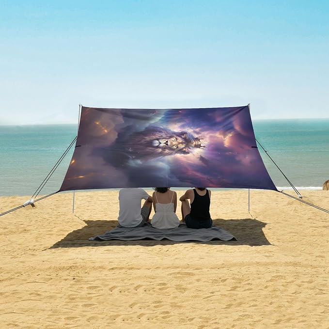 ALAZA Lion in Nebula Beach Tent Sun Shelter UPF50+ Protection Beach Shade Canopy w/ 4 Sandbags for Outdoor Camping Fishing Backyard Fun Picnic 10x9 ft