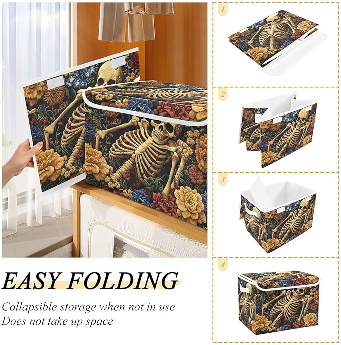 Storage Cube with Lid Skeleton Sleeping Print 16.5×12.6×11.8 IN Collapsible Large Capacity Foldable Storage Basket Bin Organizer