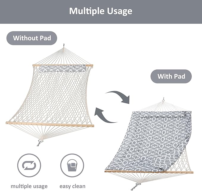 SUNCREAT Hammocks Double Rope Hammock with Wooden Stand Included Outdoor Hammocks with Polyester Pad for Outside 475 lbs Capacity Gray