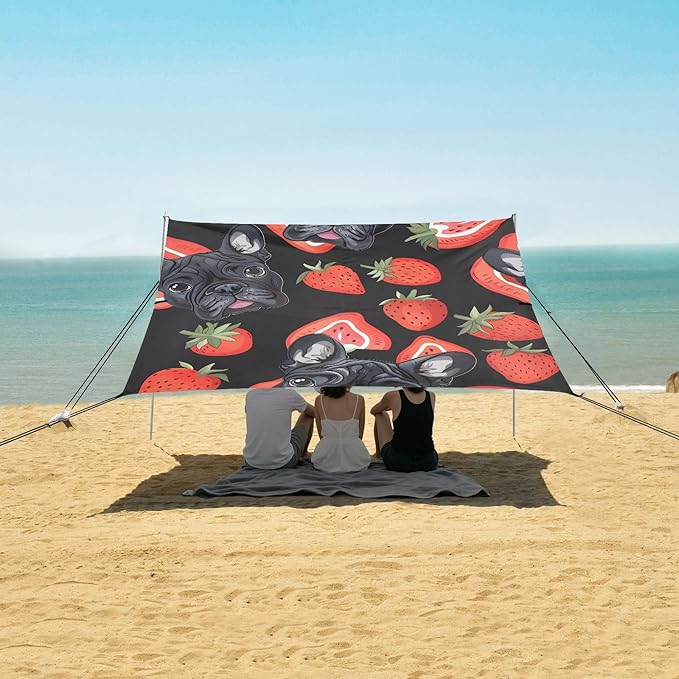 ALAZA Dog French Bulldog Puppy Strawberry Beach Tent Sun Shelter UPF50+ Protection Beach Shade Canopy w/ 4 Sandbags for Outdoor Camping Fishing Backyard Fun Picnic 10x9 ft