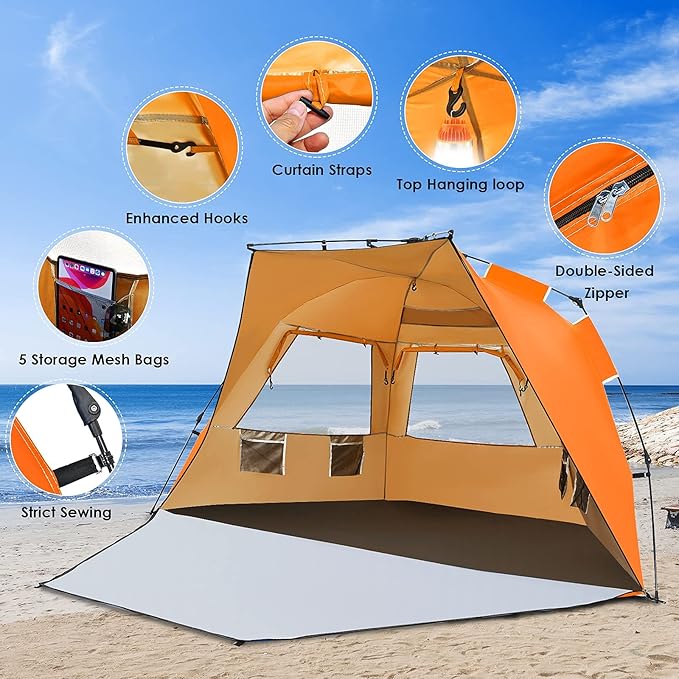 Tangkula 3-4 Person Easy Pop Up Beach Tent UPF 50+ Portable Sun Shelter w/ 3 Ventilation Windows Zippered Front Porch 4 Storage Pockets &amp Carrying Bag Instant Beach Sun Shade with 8.5mm Rod