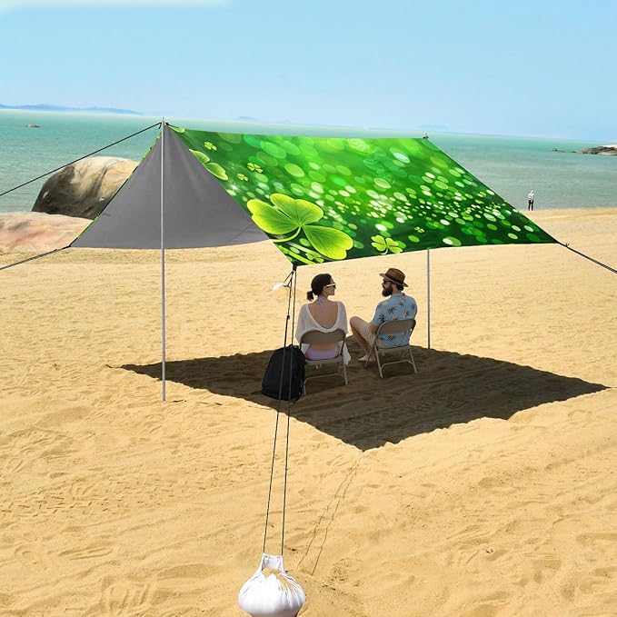 Beach Canopy with Windproof Ropes &amp Sandbags Beach Tent Sun Shade Sun Shelter for Camping Trips Fishing Backyard Fun or Picnics St. Patrick's Day Clover