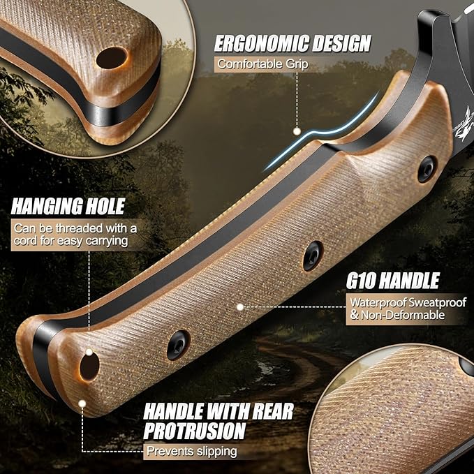 Purple Dragon Fixed Blade Knife - Full Tang Hunting Knife Forged from a Single Piece of D2 Steel - Camping Knives with G10 Handle and Kydex Sheath - Outdoor Gift for Men - Brown